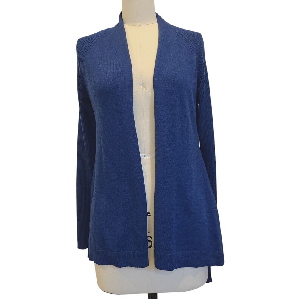 Eileen Fisher Cardigan Blue XS Wool Open Front Drapey Ribbed Sleeves‎ Sweater